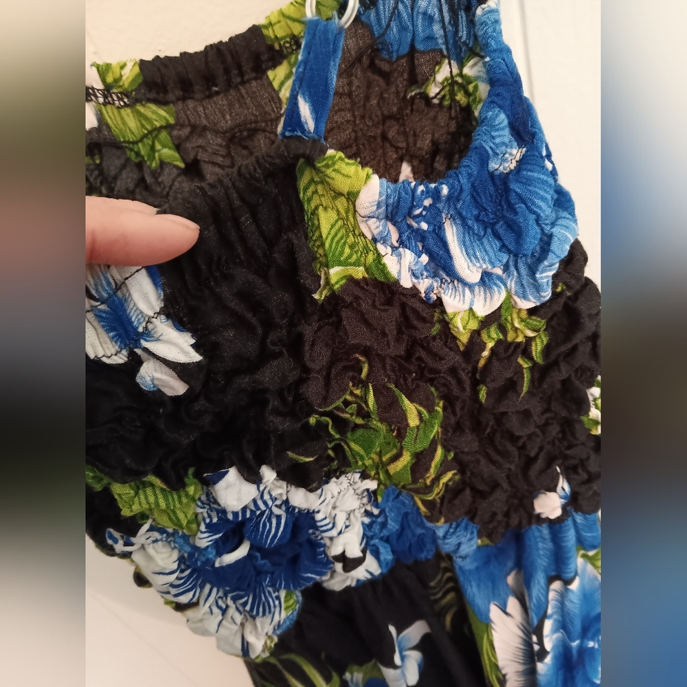 Rayon Hawaiin Flower Black Green and Blue Dress - Picture 3 of 5